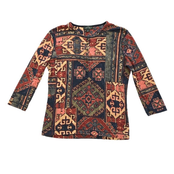 Lauren Ralph Lauren Aztec Henley  3/4 sleeve cotton top Southwestern Size Smalll - Picture 2 of 10